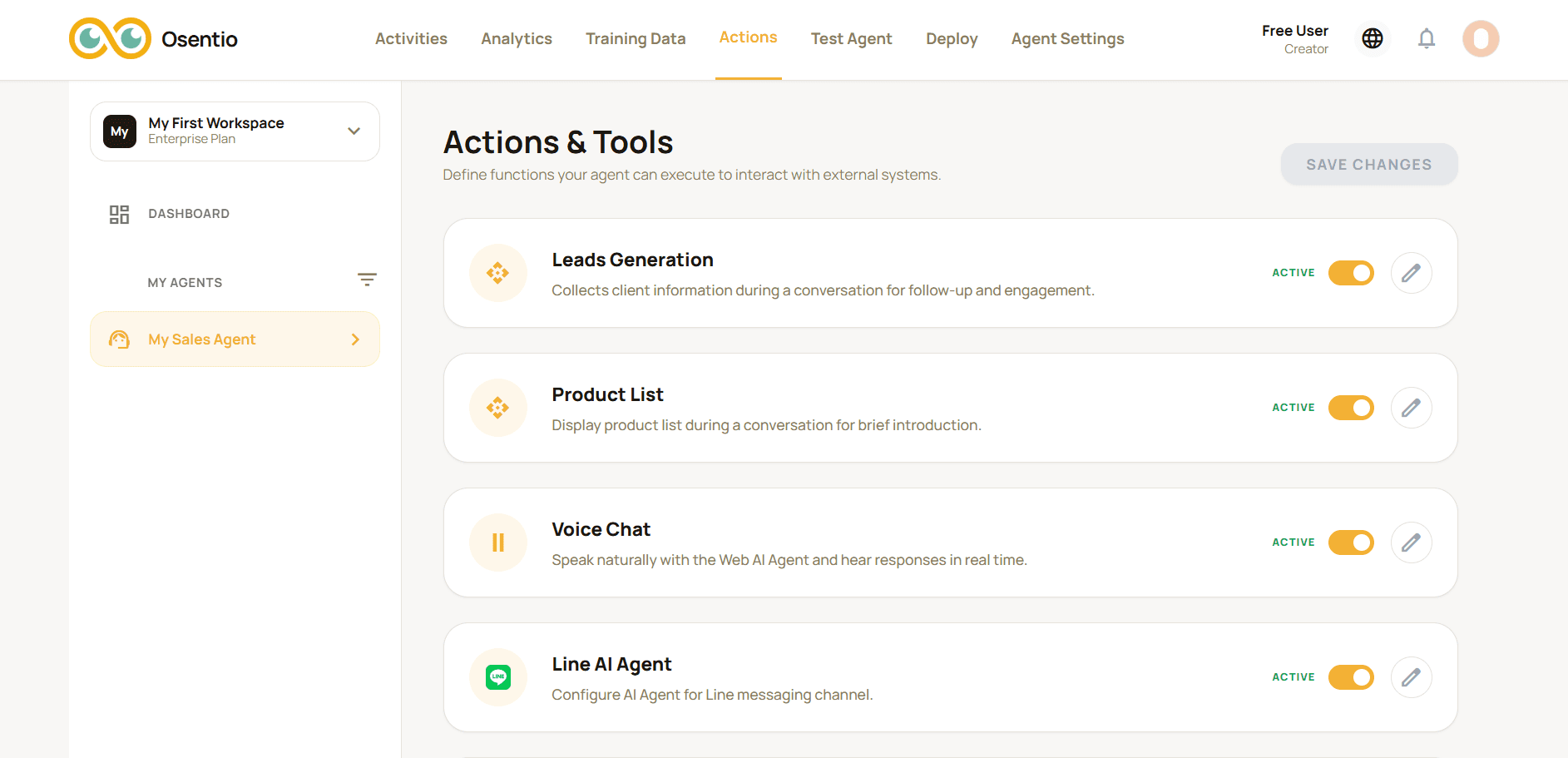 The Osentio Actions page — enable Leads Generation, Product List, Voice Chat and every messaging channel