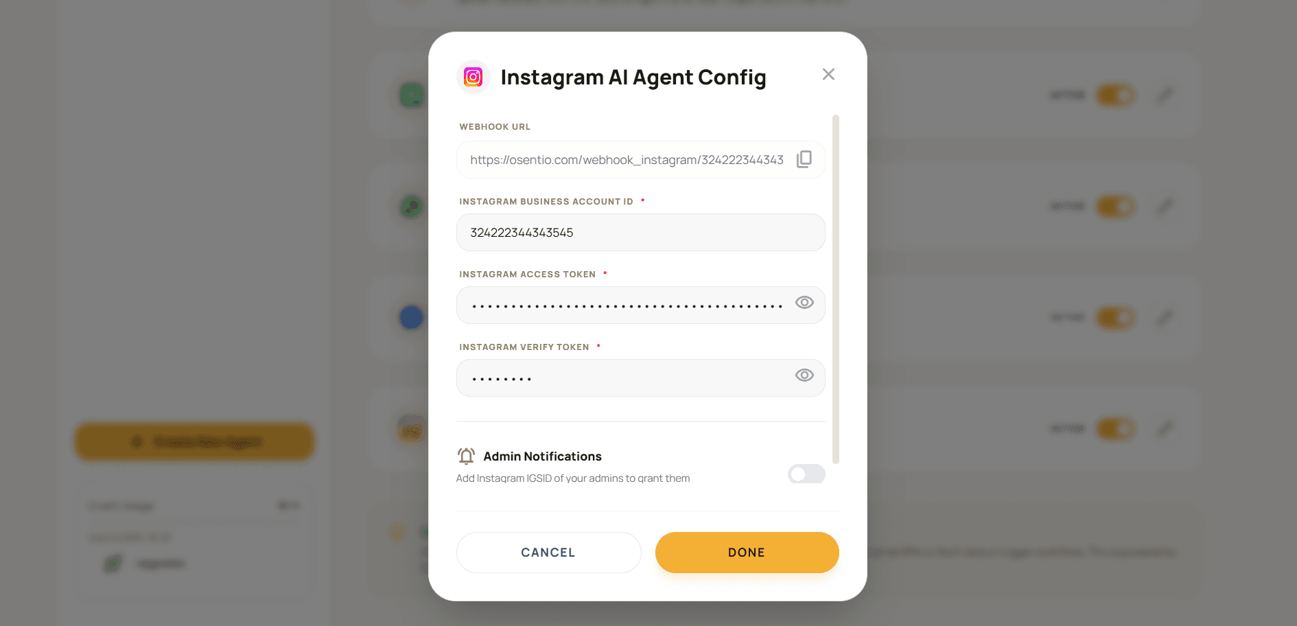 Configuring the Instagram AI Agent inside the Osentio Actions page