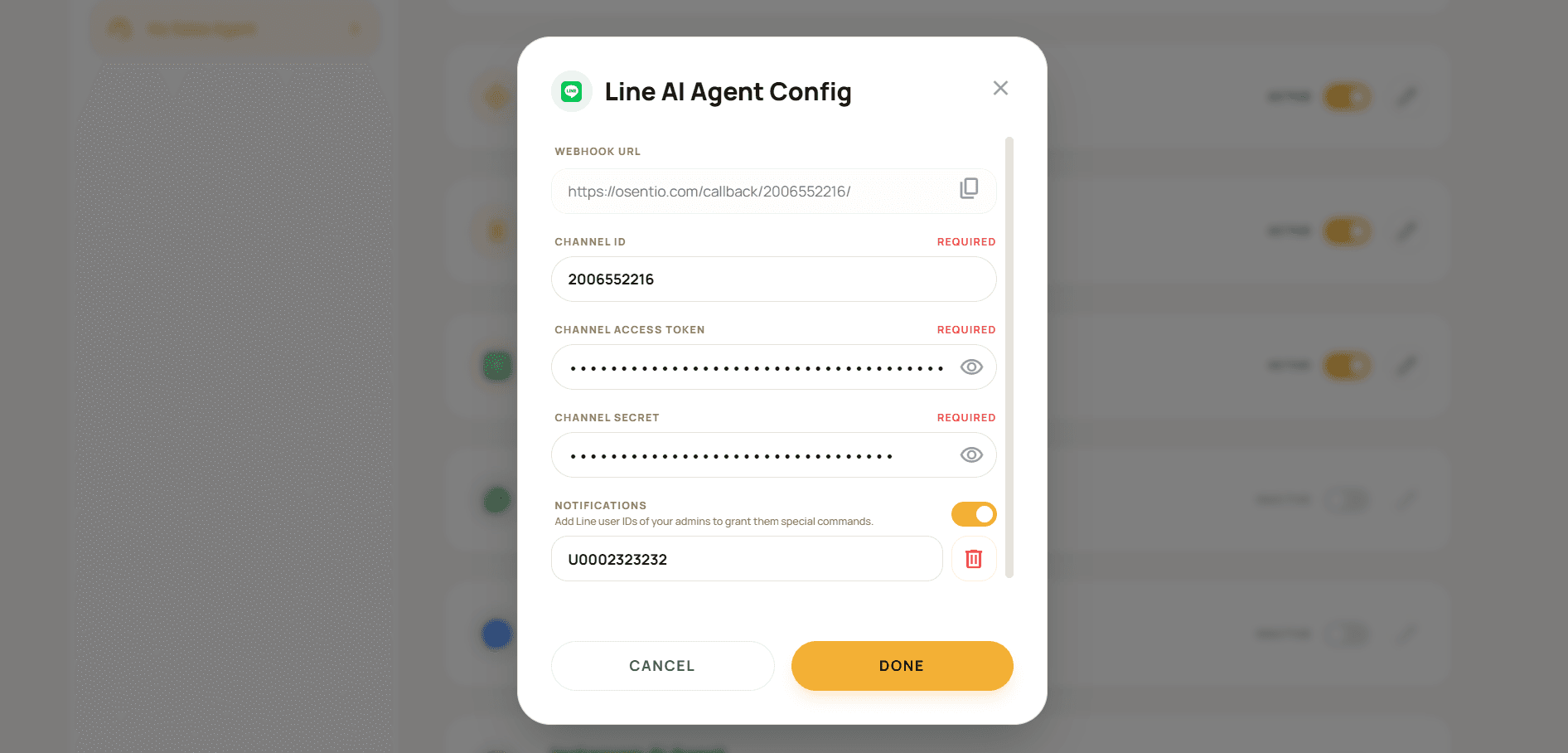 Configuring the Line AI Agent inside the Osentio Actions page