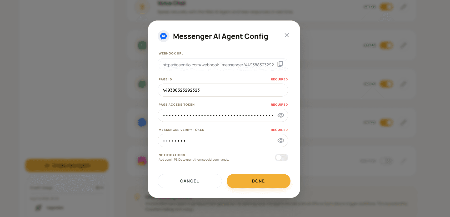 Configuring the Messenger AI Agent inside the Osentio Actions page
