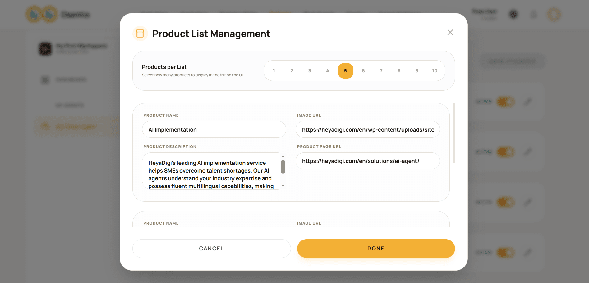 Managing the product list an Osentio AI agent can show in chat