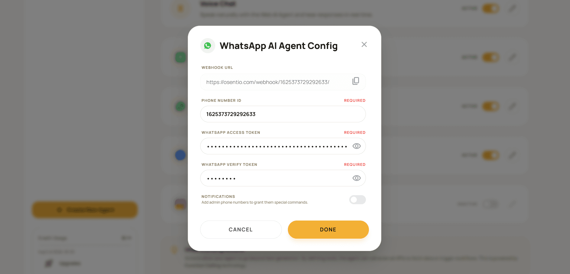 Configuring the WhatsApp AI Agent inside the Osentio Actions page